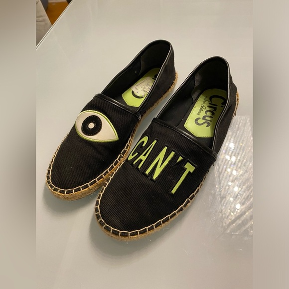 Sam Edelman Circus Eye Can’t Black Espadrilles size 6.5 Neon Green, eyeball - Picture 1 of 4